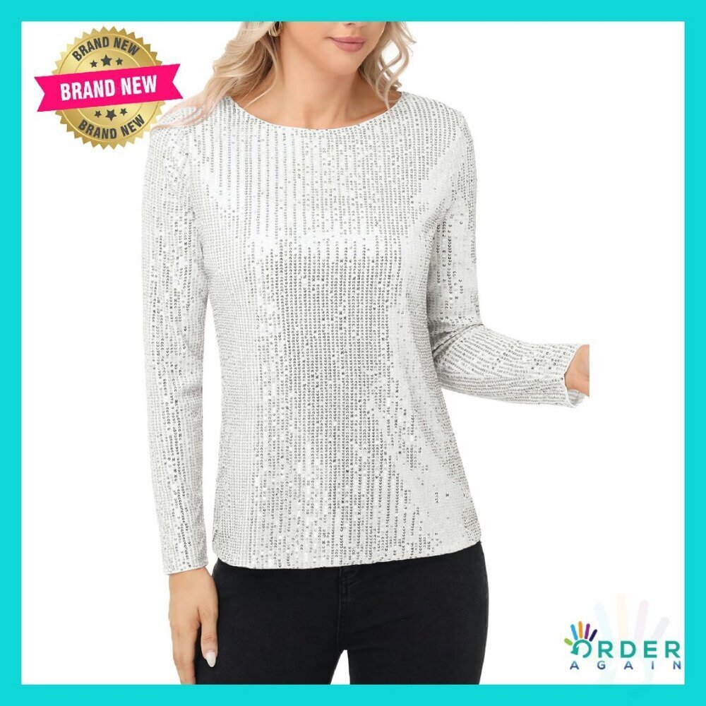 Long Sleeve Sequin Blouse Elegant Party Top Lined Sparkly Evening Wear